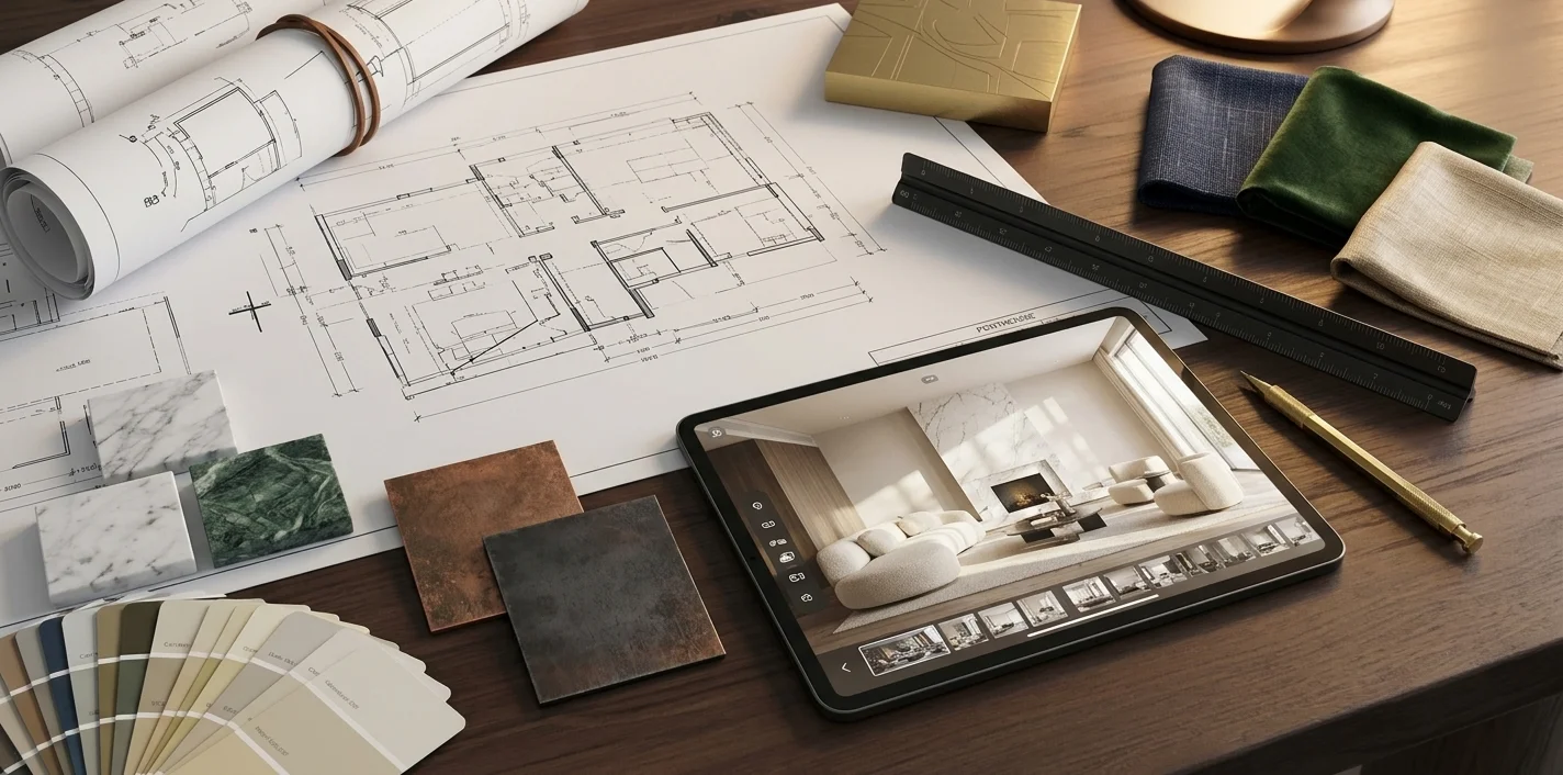 Interior designer reviewing a room plan and material samples