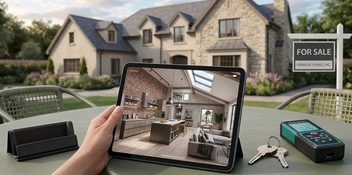 Home for sale with an interior design preview on a tablet